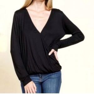 Lovers + Friends Faux Wrap Long Sleeve Blouse Top Black Bamboo Elastane Small S